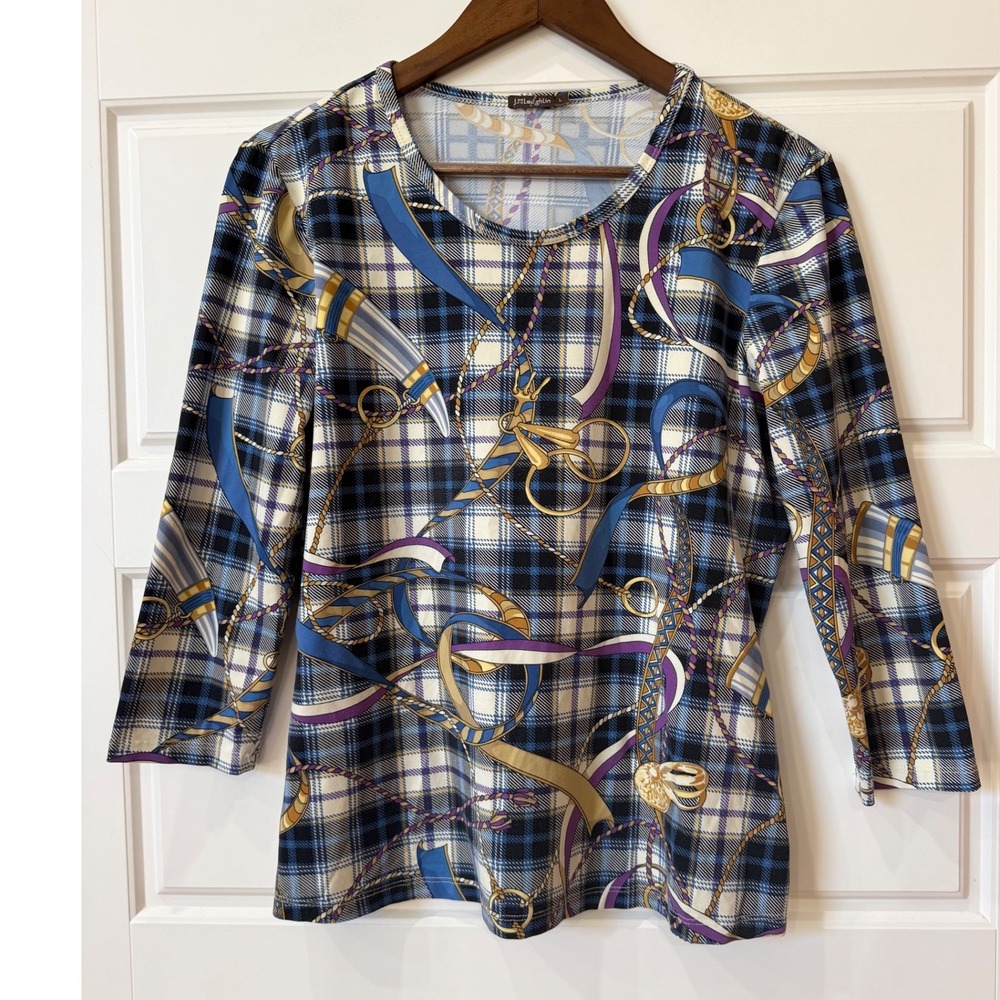 J.McLaughlin Blue Plaid Top Equestrian Chain Print Large Preppy Old Money